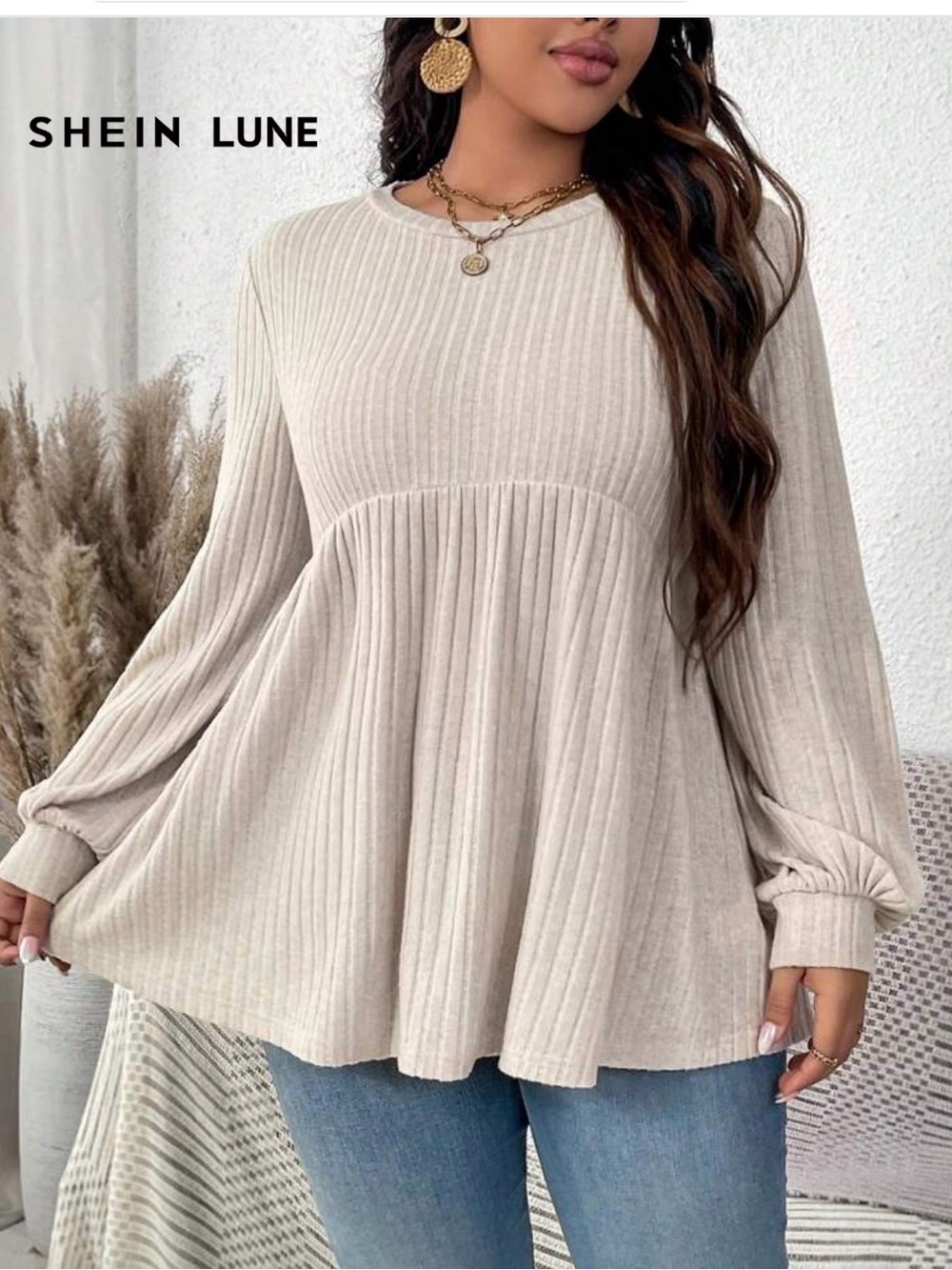 SHEIN Curve Beige Ribbed Peplum Blouse